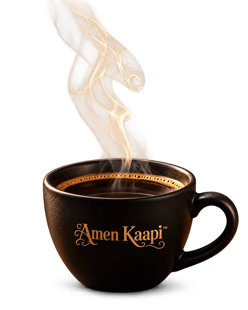 A steaming Heritage Black coffee in a black Amen Kaapi cup.